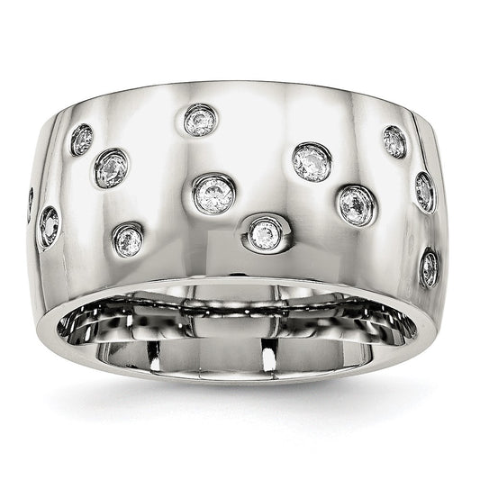 Stainless Steel Polished CZ 12mm Band Size - 6