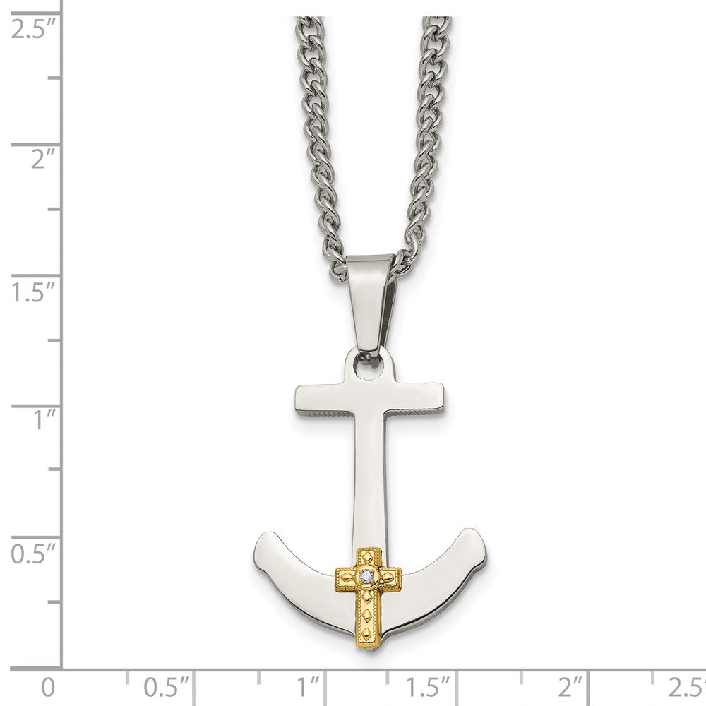 Stainless Steel Polished w/14k Gold Diamond Anchor Mariner Cross Necklace