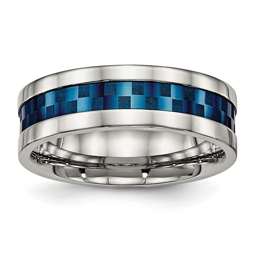 Stainless Steel Polished Blue IP-plated Checkered Design 7mm Band Size - 11
