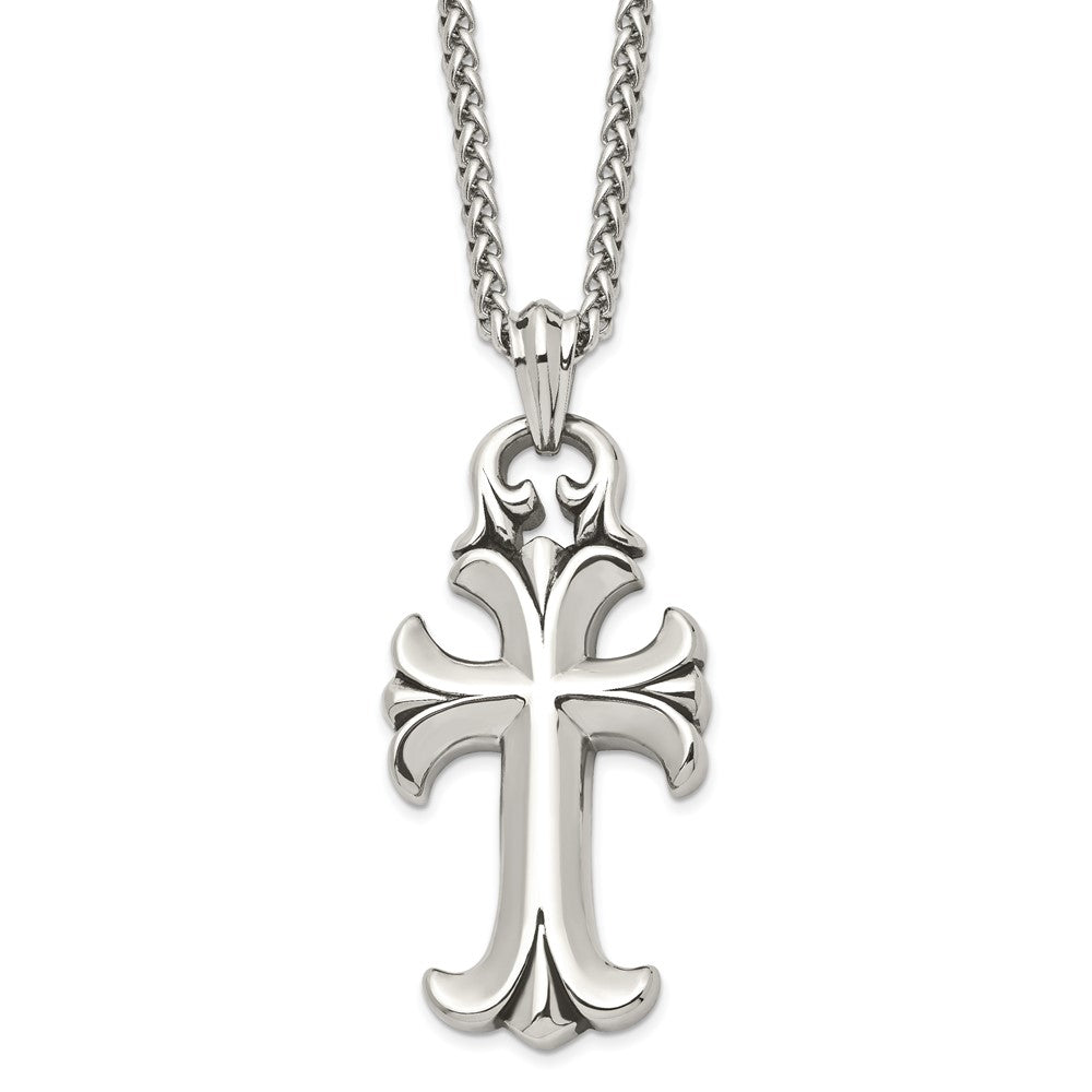 Stainless Steel Antiqued and Polished Cross 24in Necklace