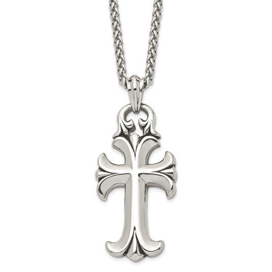Stainless Steel Antiqued and Polished Cross 24in Necklace