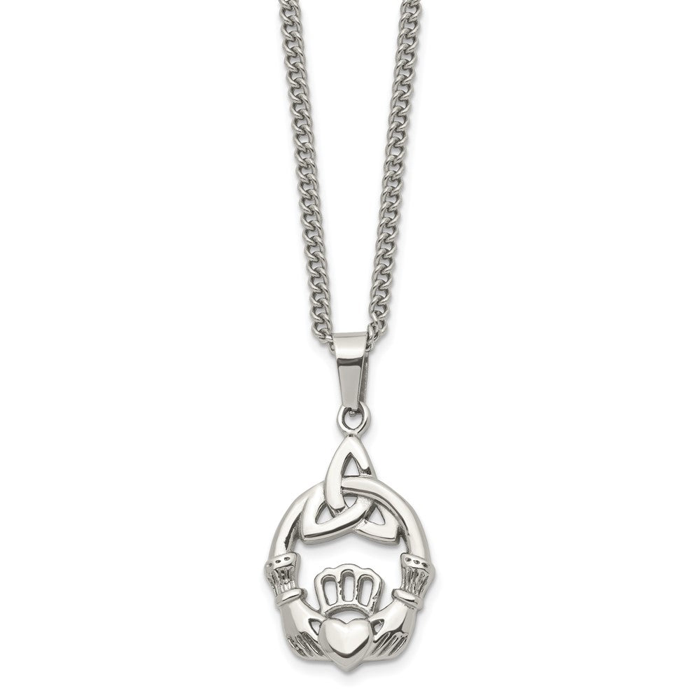 Stainless Steel Polished Trinity Knot and Claddagh 18in Necklace