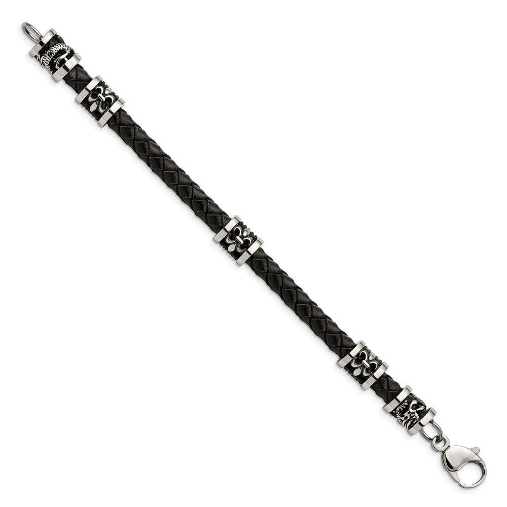 Stainless Steel Antiqued & Polished Fleur De Lis/Dragon Leather Bracelet 8.5 inches