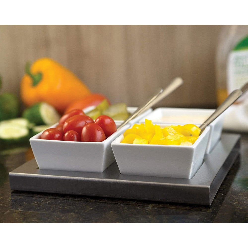 Ceramic White Bowl 9 Piece Serving Set with Stainless Steel Tray