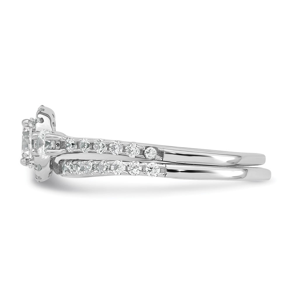 Sterling Silver Rhodium-plated Polished CZ 3-Stone Halo Size 7 Engagement Ring and Wedding Band Set