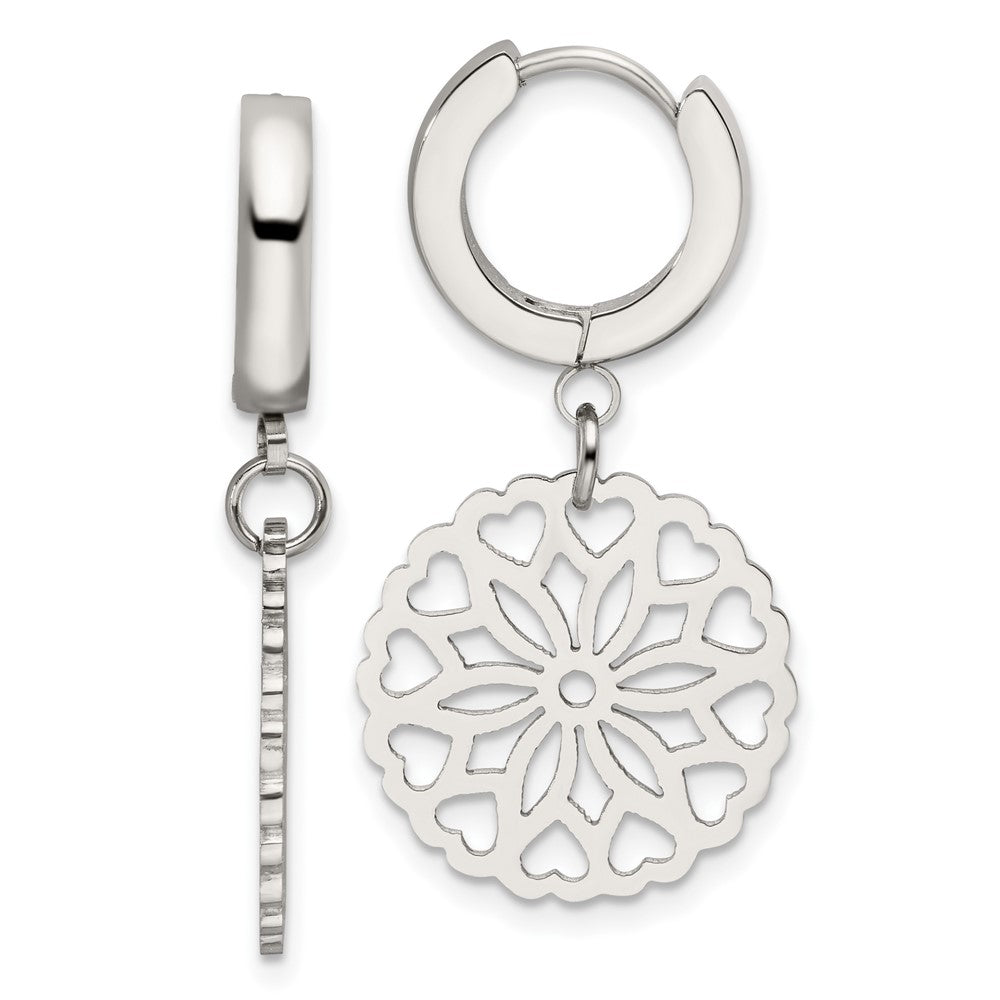 Stainless Steel Polished Flower Dangle Hinged Hoop Earrings
