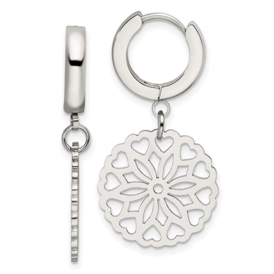 Stainless Steel Polished Flower Dangle Hinged Hoop Earrings