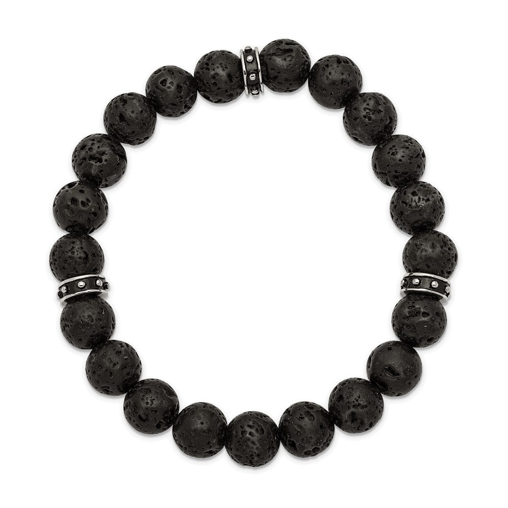 Stainless Steel Polished Black Enamel Lava Stone Beads Stretch Bracelet 7.25 inches