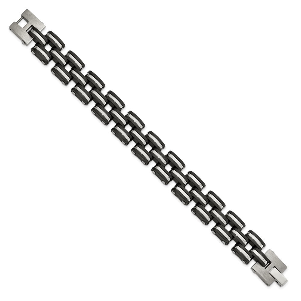 Stainless Steel Brushed and Polished Black Rubber 8in Bracelet 8 inches