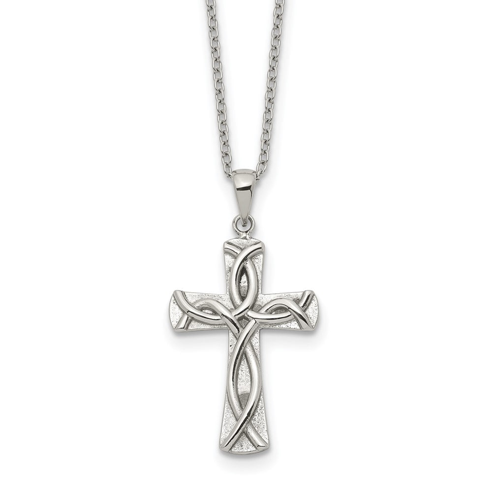 Chisel Stainless Steel Polished Cross with Ichthus Pattern Pendant on an 18 inch Plus a 2 inch Extension Cable Chain Necklace