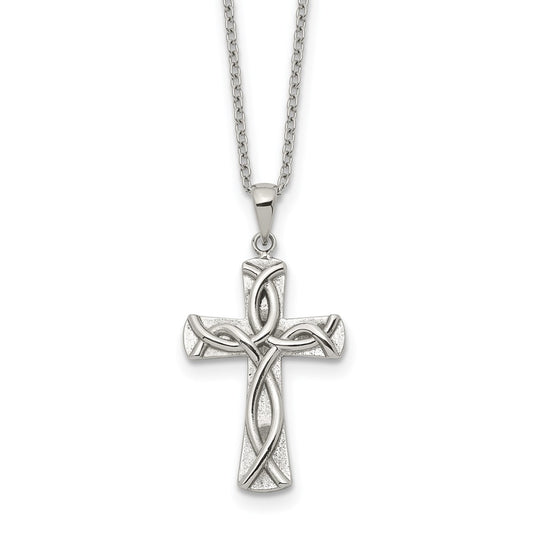 Chisel Stainless Steel Polished Cross with Ichthus Pattern Pendant on an 18 inch Plus a 2 inch Extension Cable Chain Necklace