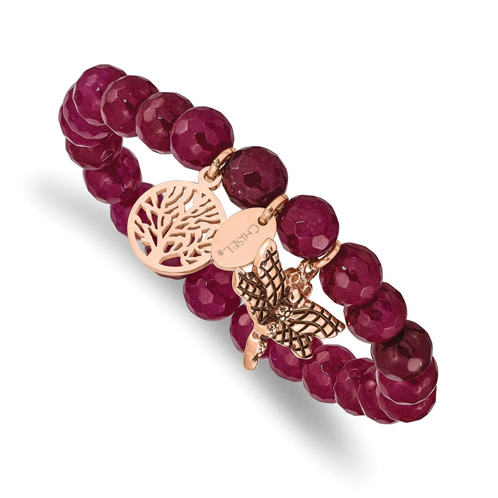Stainless Steel Antiqued & Polished Rose IP Dragonfly Pink Dyed Jade Bracel 6.25 inches