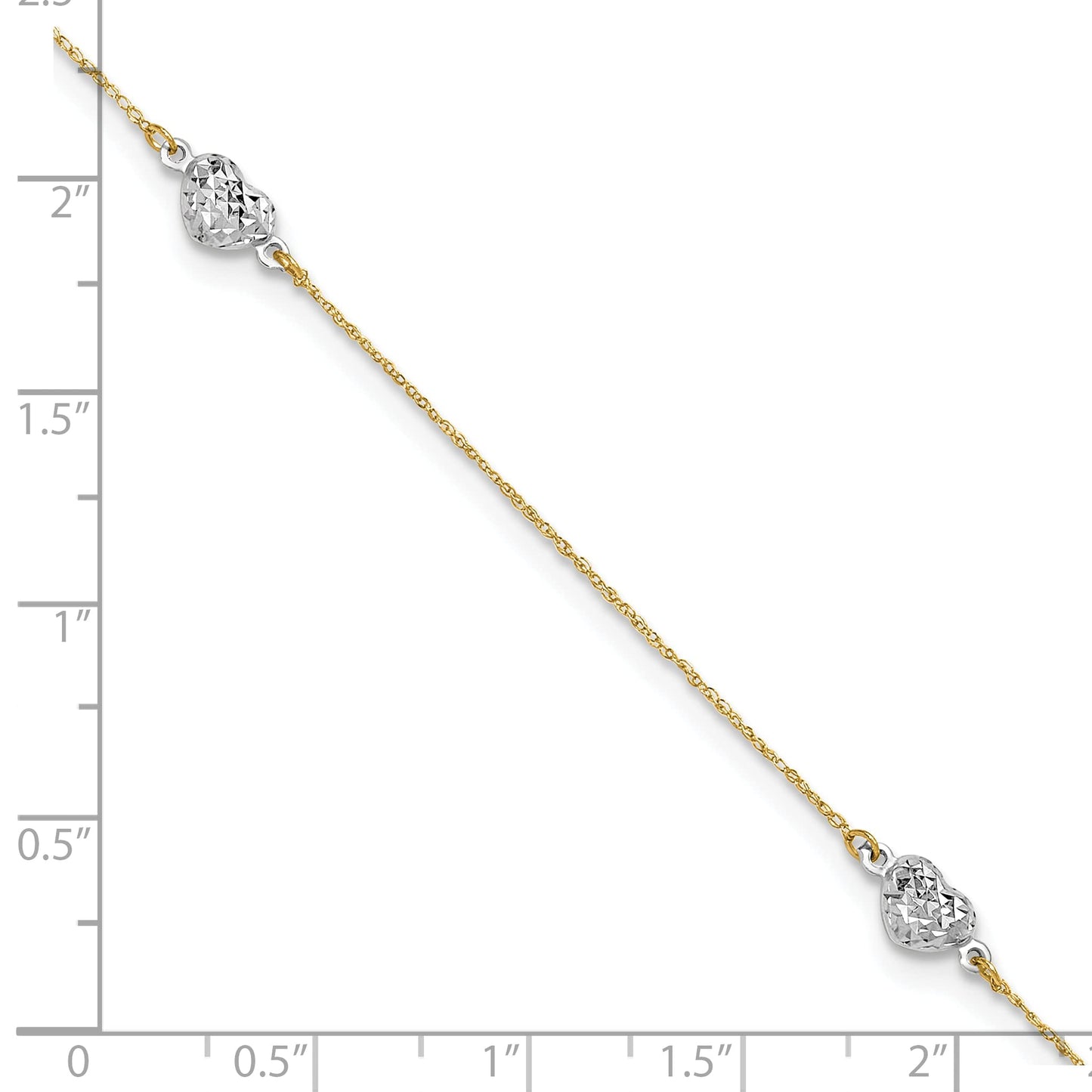 14k Two-tone Puff Heart 9in Plus 1in ext Anklet 10 inches