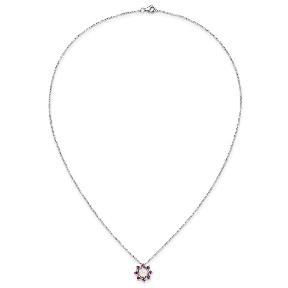 Cheryl M Sterling Silver Rhodium-plated Polished Created Opal and Pink Crystal Flower Necklace 18 Inches