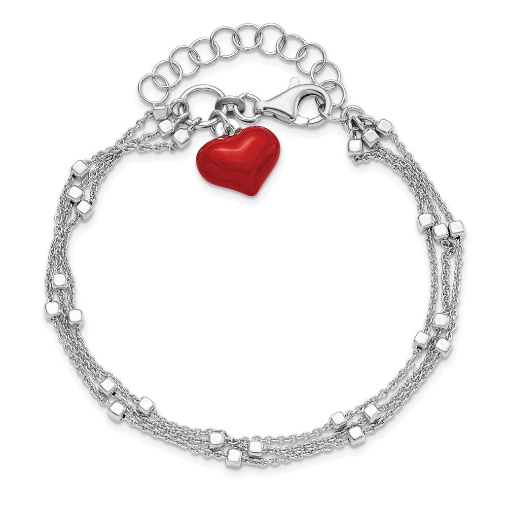 Sterling Silver Rhod-plated Enameled Red Heart w/ 2in ext Bracelet