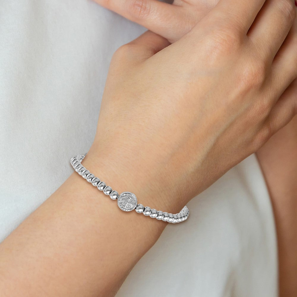 Sterling Silver RH-plated Beaded Saint Medal 5in to 8.25in Bracelet 9 inches