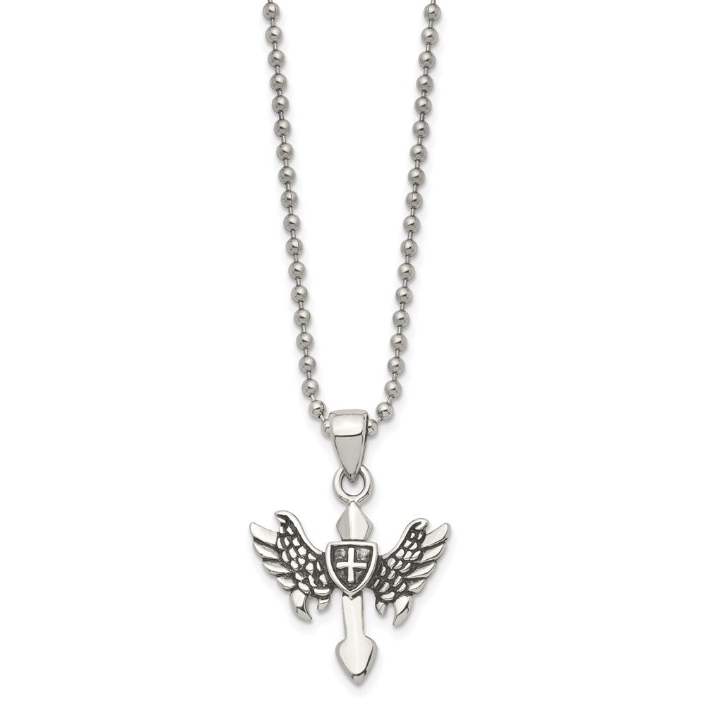 Stainless Steel Antiqued and Polished Cross with Wings 20in Necklace