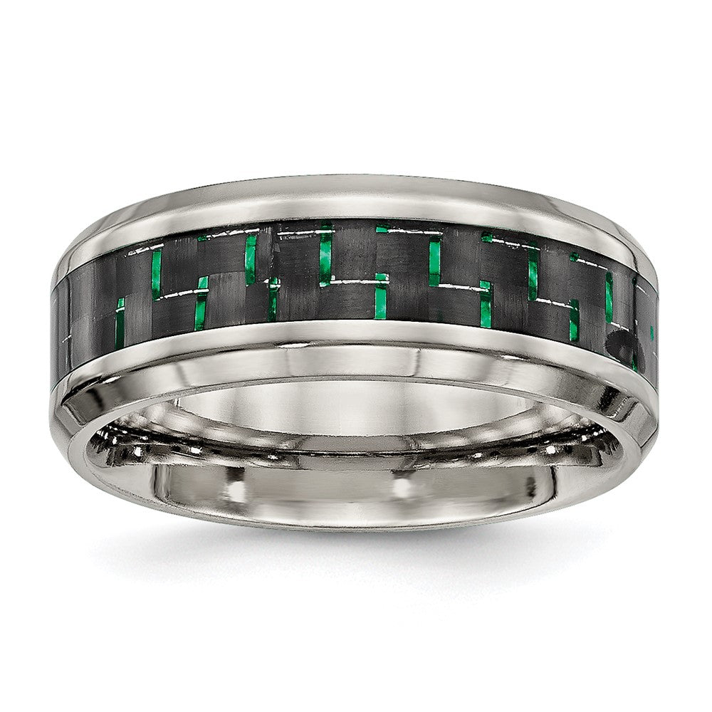 Titanium Polished with Black/Green Carbon Fiber Inlay 8mm Ring Size - 12