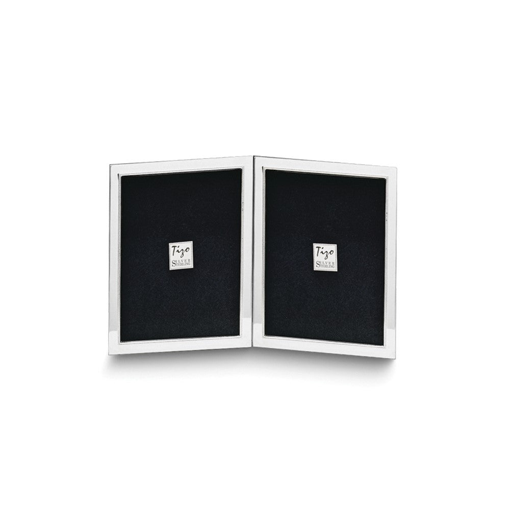 Sterling Silver Tarnish Resistant Narrow Portrait Hinged Beaded Double 2x3 Photo Frame with Finished Wood Back
