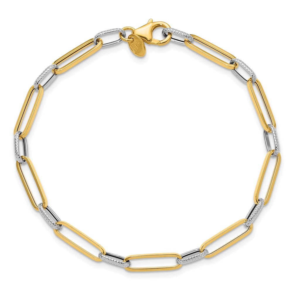 14K w/White Rhod Polished/Textured Fancy Link Bracelet 7.5  inches