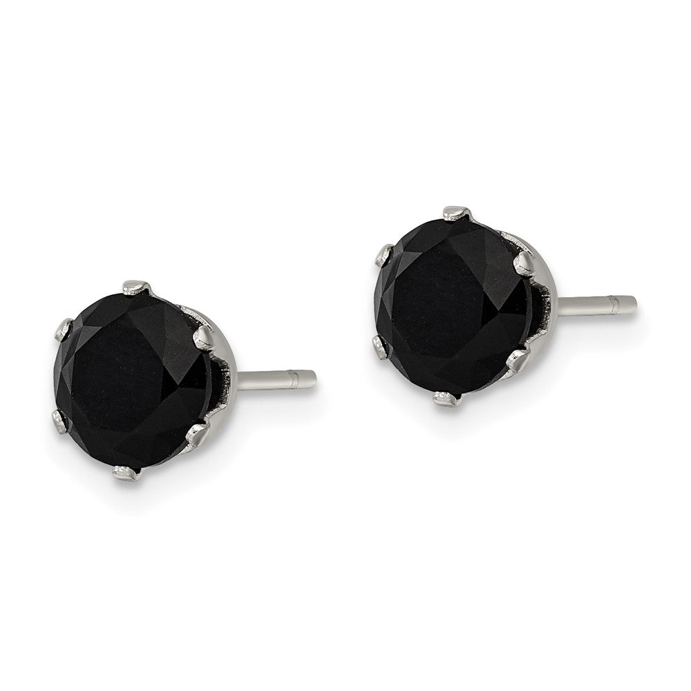 Stainless Steel Polished 7mm Black Round CZ Stud Post Earrings