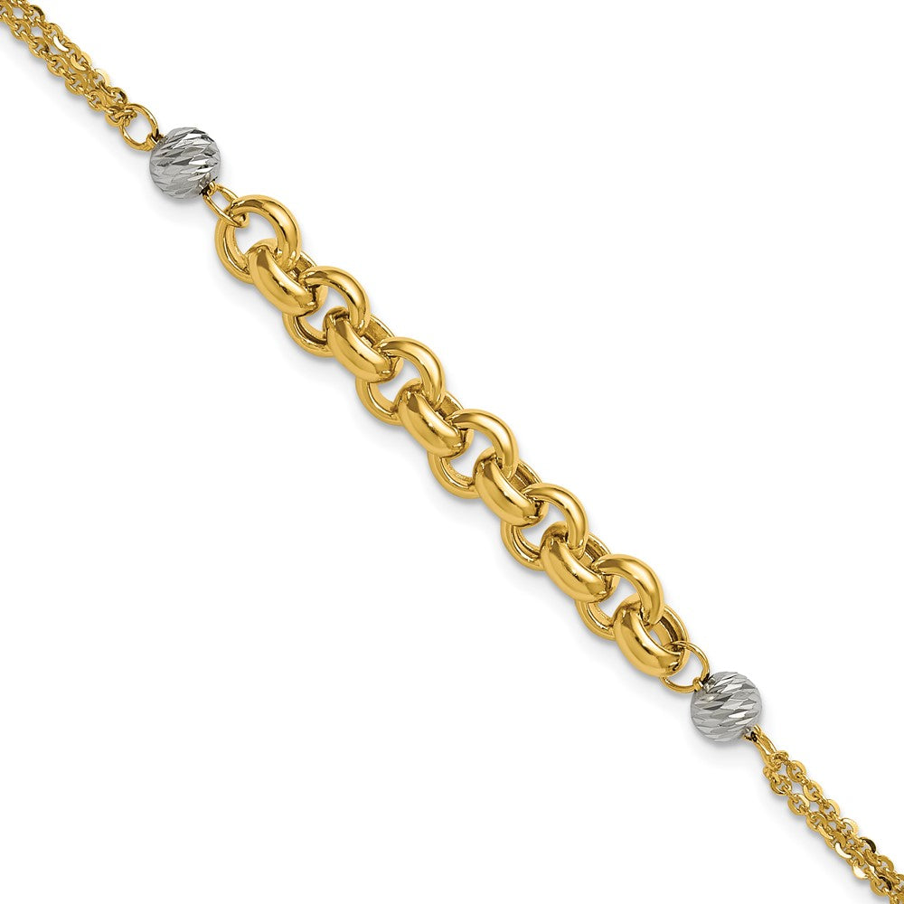 14K w/White Rhodium Polished D/C 2-Strand Rolo Link Bracelet 7.5  inches