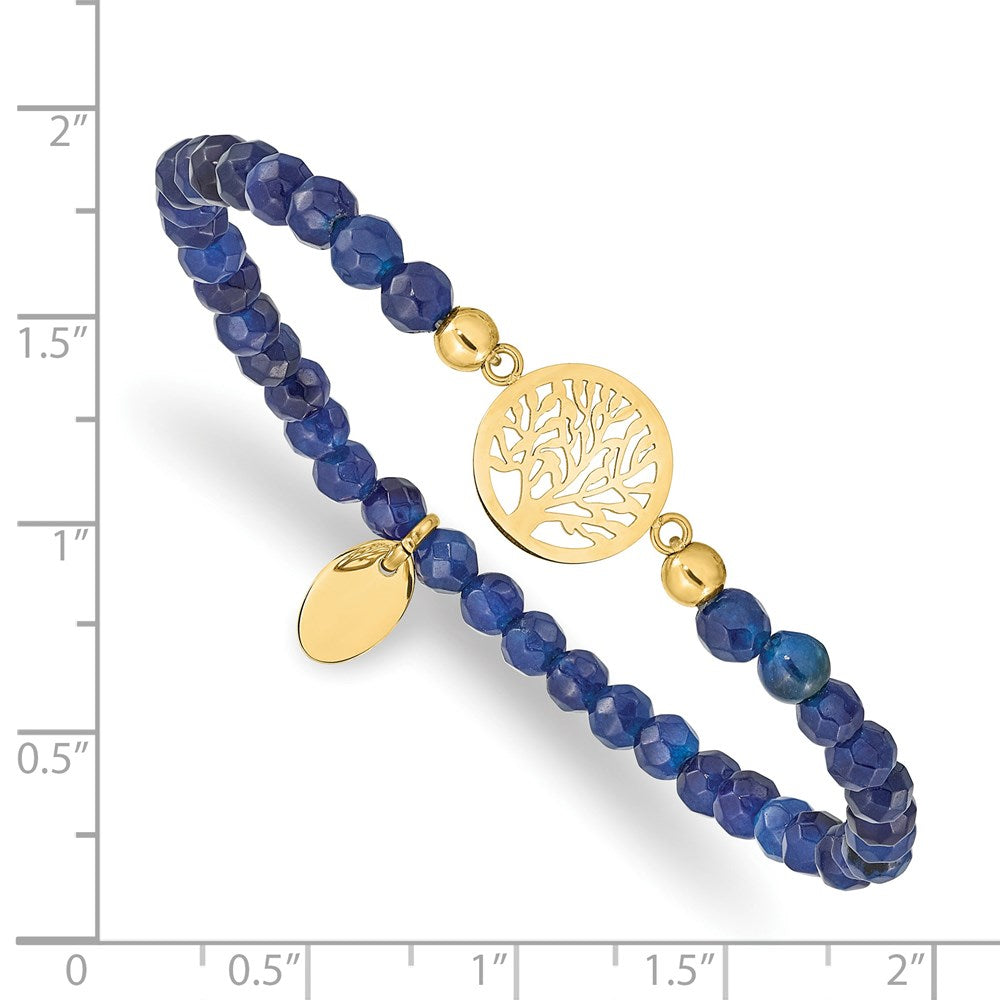 Stainless Steel Polished Yellow IP Tree of Life Blue Jade Stretch Bracelet 6.5 inches