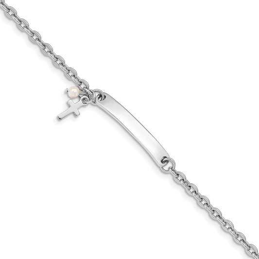 Sterling Silver RH-plated Cross Syn Pearl 5in Plus1in Ext. ID Bracelet