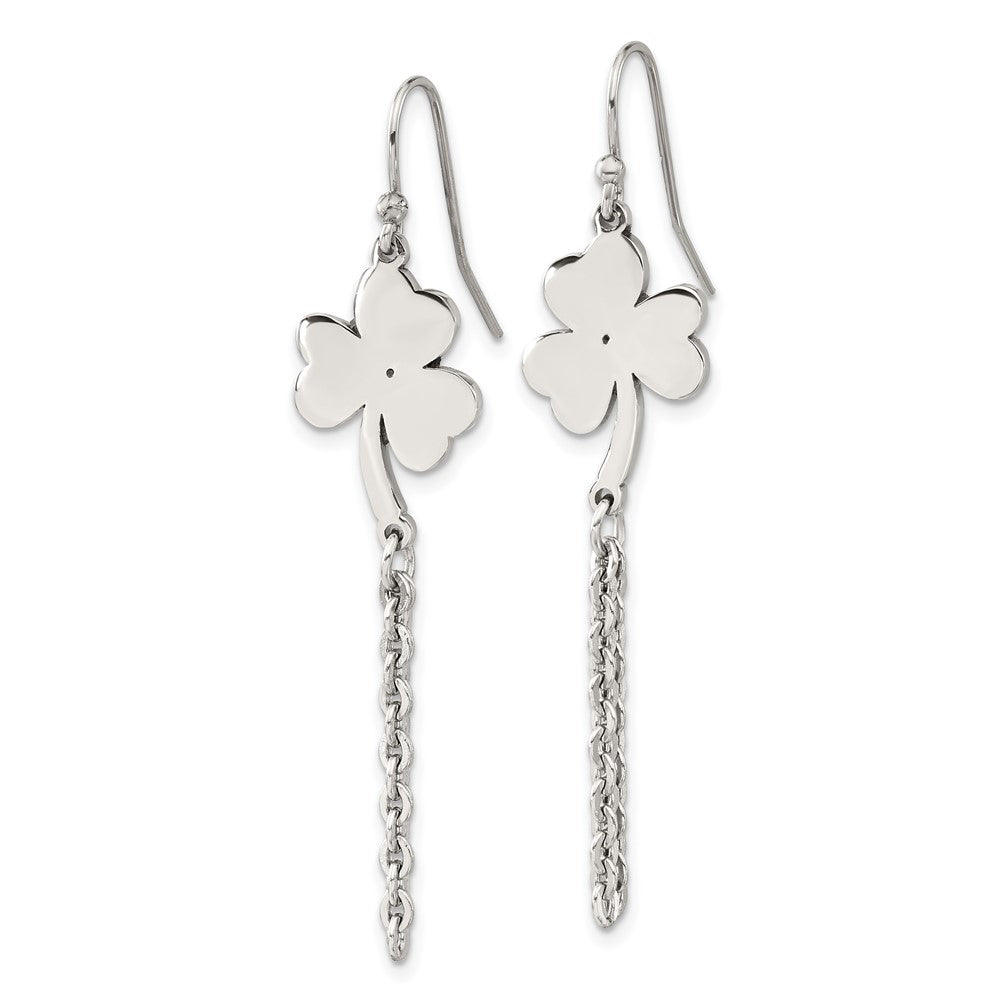 Stainless Steel Polished 4-Leaf Clover Dangle Shepherd Hook Earrings