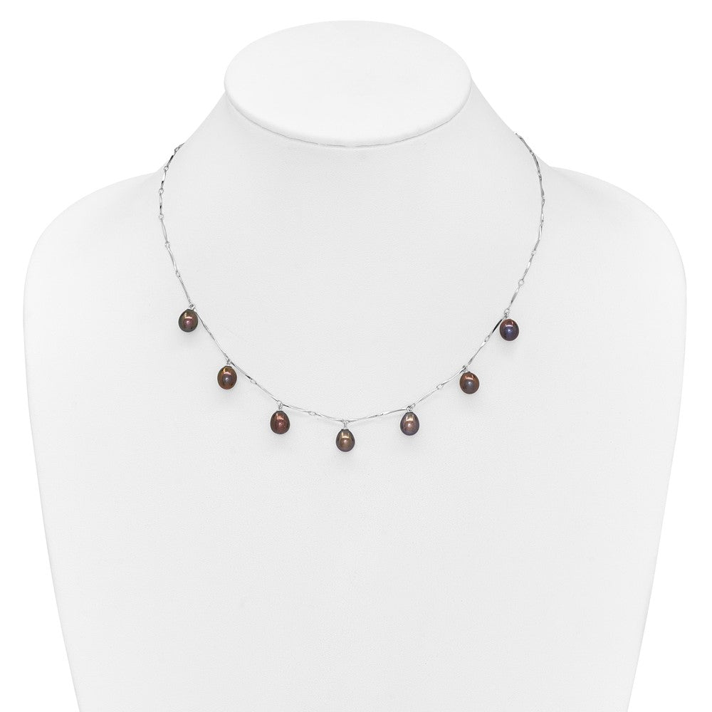 Sterling Silver Rhodium-plated 7-8mm Black Teardrop Freshwater Cultured Pearl Dangle 7-Station 17.5 inch Necklace 17.5 Inches