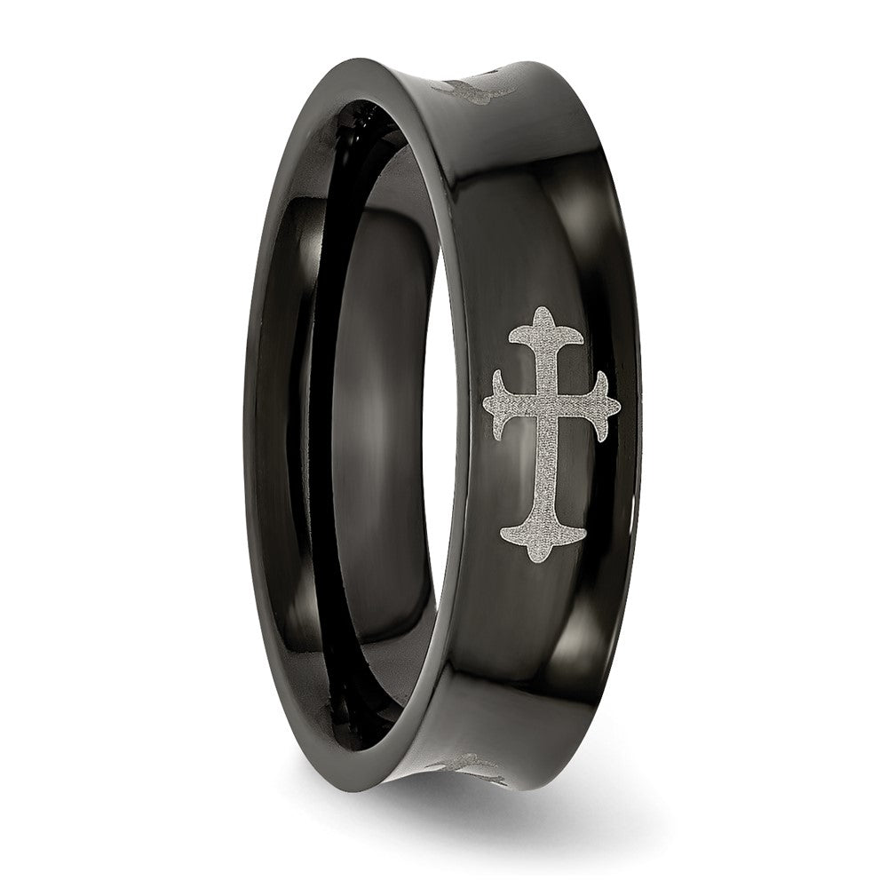 Chisel Stainless Steel Polished Black IP-plated Cross 6mm Concave Band Size - 9