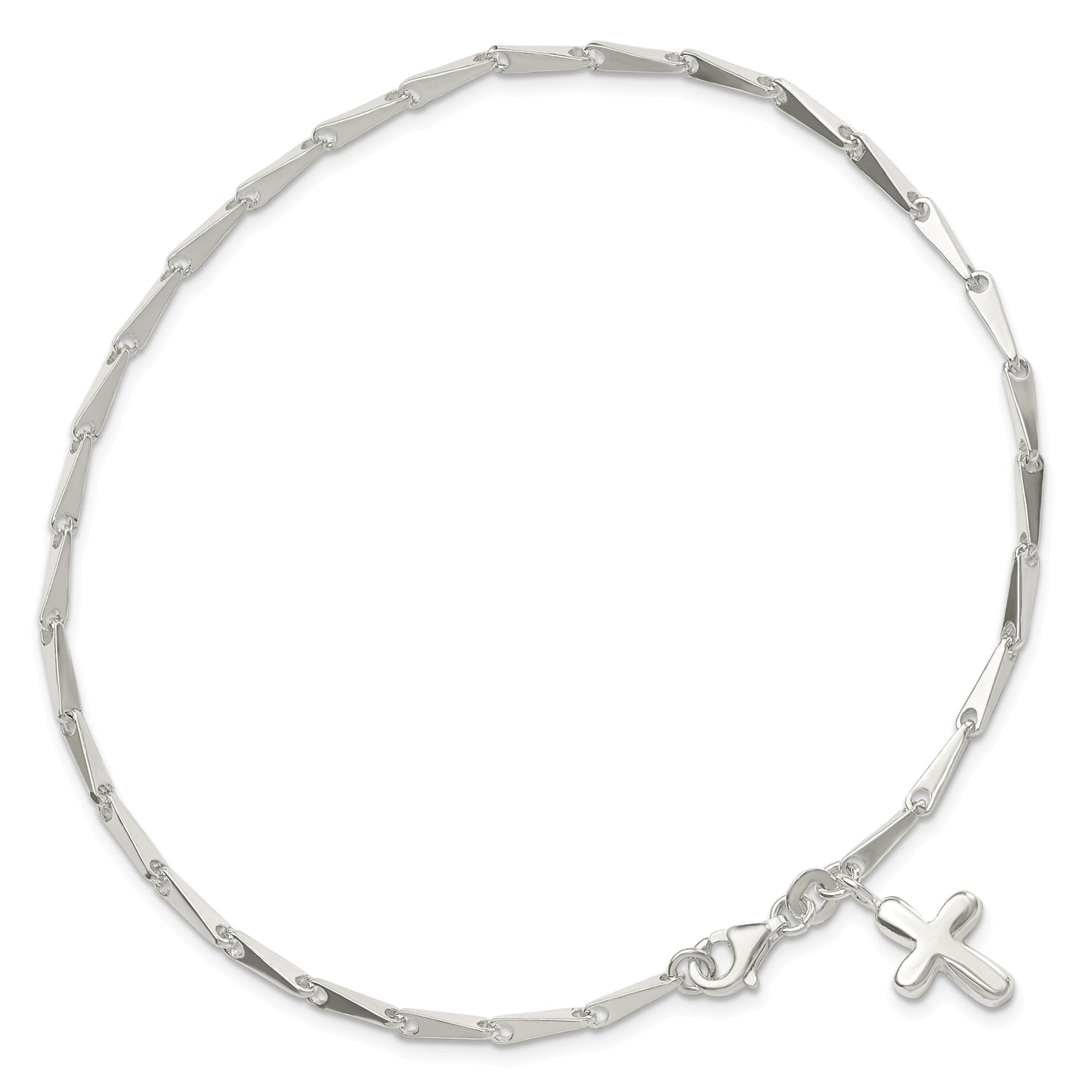 Sterling Silver 10 in Solid Polished Cross on Fancy Link Anklet