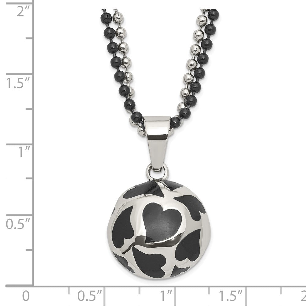 Stainless Steel Black Enamel Hearts 24in Necklace