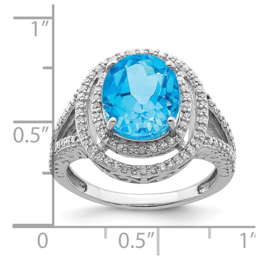 Sterling Silver Rhodium Oval Blue Topaz & Diam. Ring