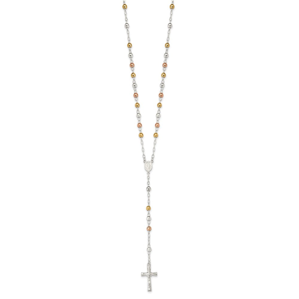 Sterling Silver Tri-color Polished Textured Bead Rosary 26 inch Necklace 26 Inches