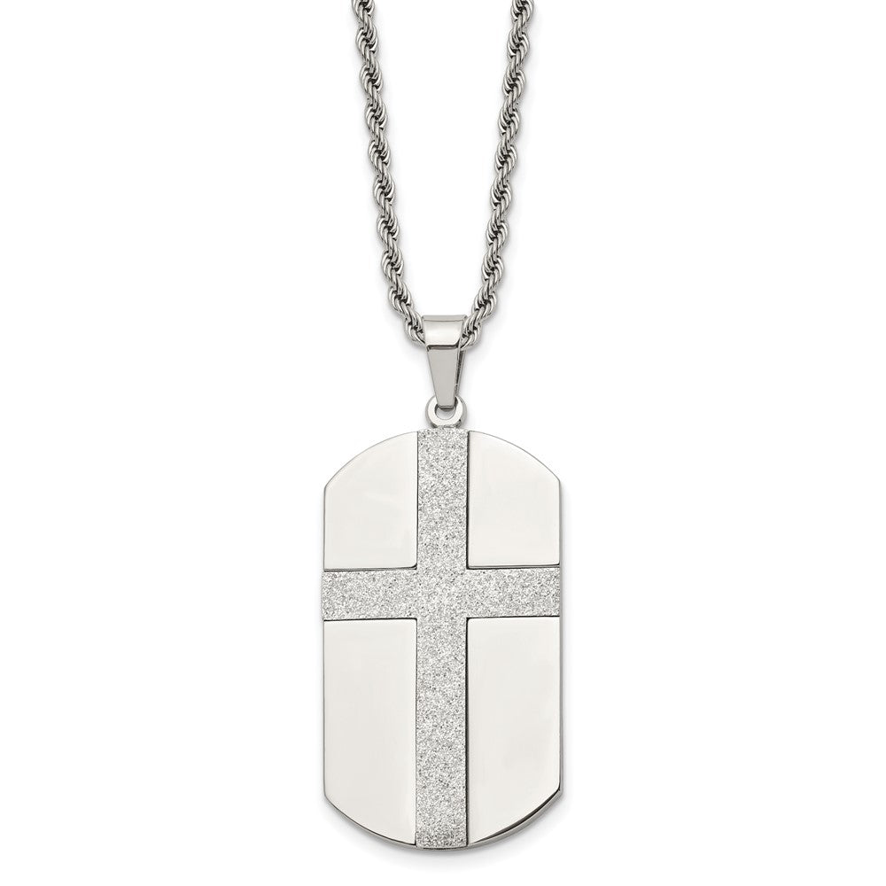 Stainless Steel Polished Laser Cut Cross Dog Tag 24in Necklace