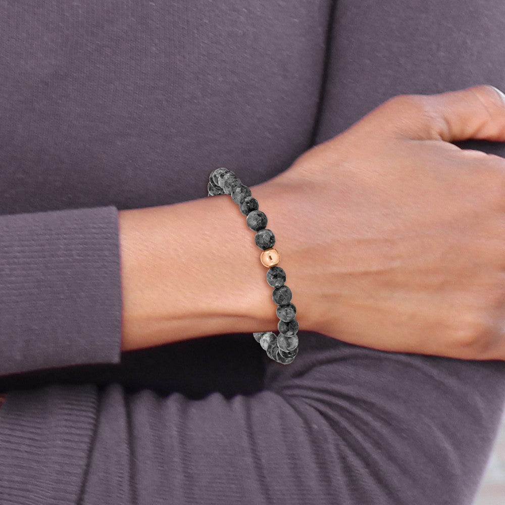 Stainless Steel Polished Rose IP-plated Spectrolite Beaded Stretch Bracelet 6 inches