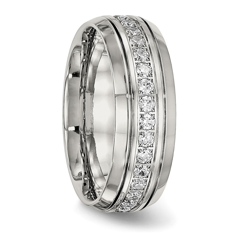 Stainless Steel Polished and Grooved w/CZ 8mm Half Round Band Size - 8