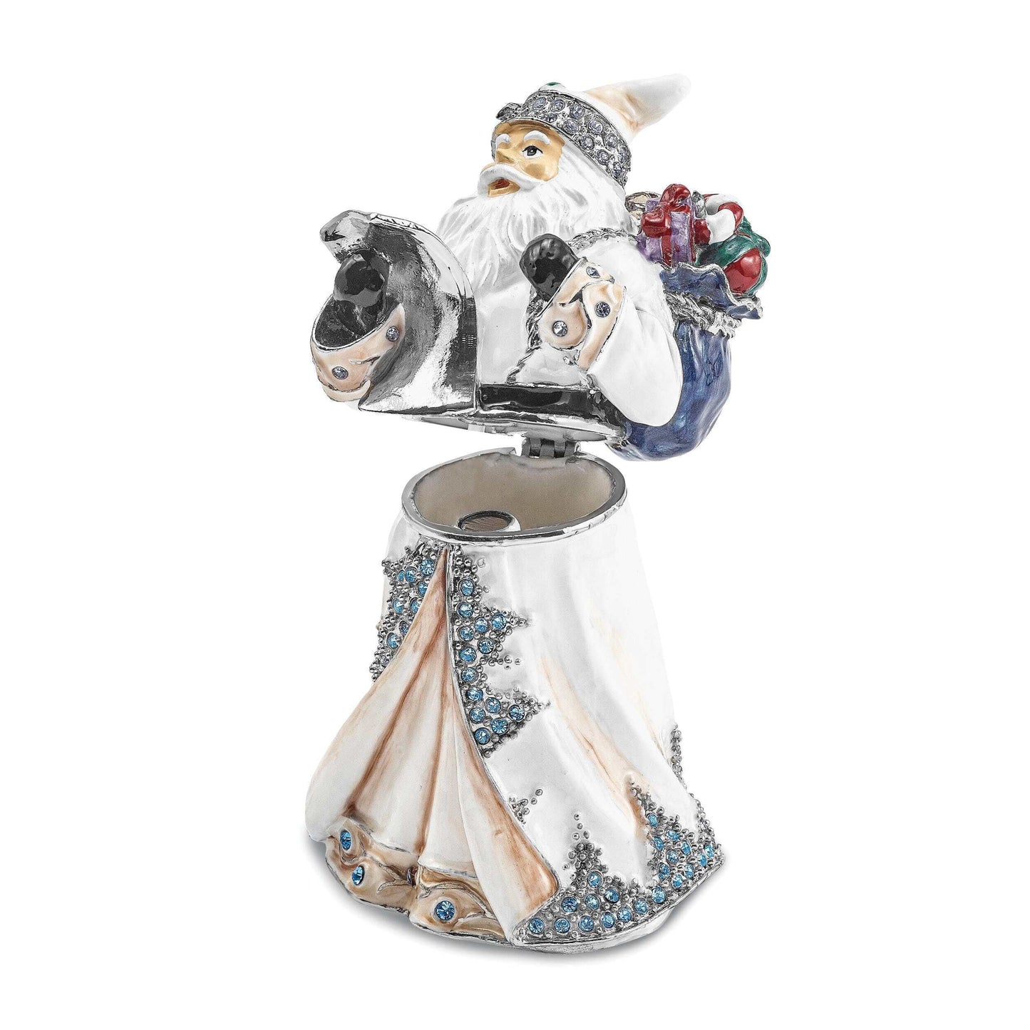 Luxury Giftware by Jere Bejeweled Crystals Siver-tone Enameled ST. NICHOLAS SINTERKLAAS White Santa Trinket Box with Matching 18 Inch Necklace QBJ4088