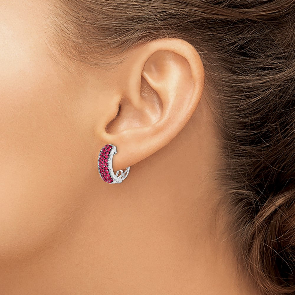 14k White Gold Diamond and Ruby Hinged Hoop Earrings