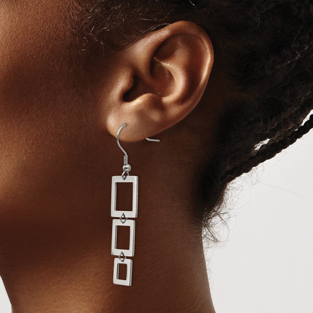 Stainless Steel Polished Squares Dangle Shepherd Hook Earrings