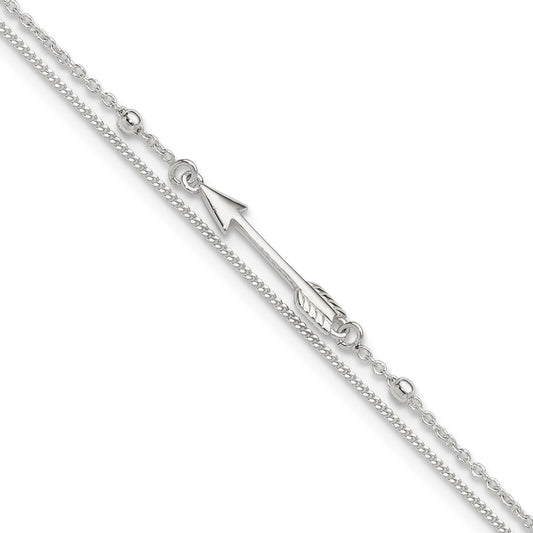 Sterling Silver 9in Plus 1in Ext. 2-strand Arrow and Bar Anklet 9 inches