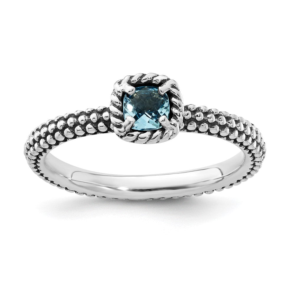 Sterling Silver Stackable Expressions Checker-cut Blue Topaz Antiqued Ring Size -5