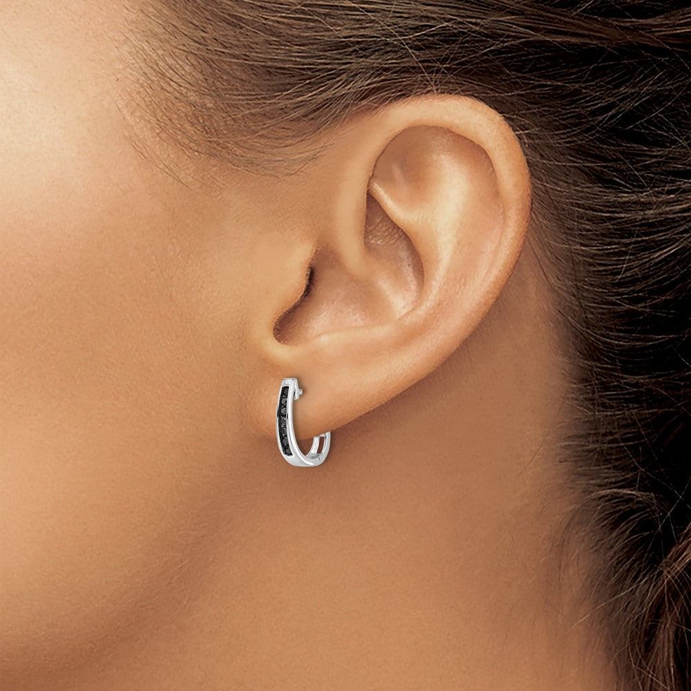 14k White Gold Black Diamond 3mm Hinged Hoop Earrings