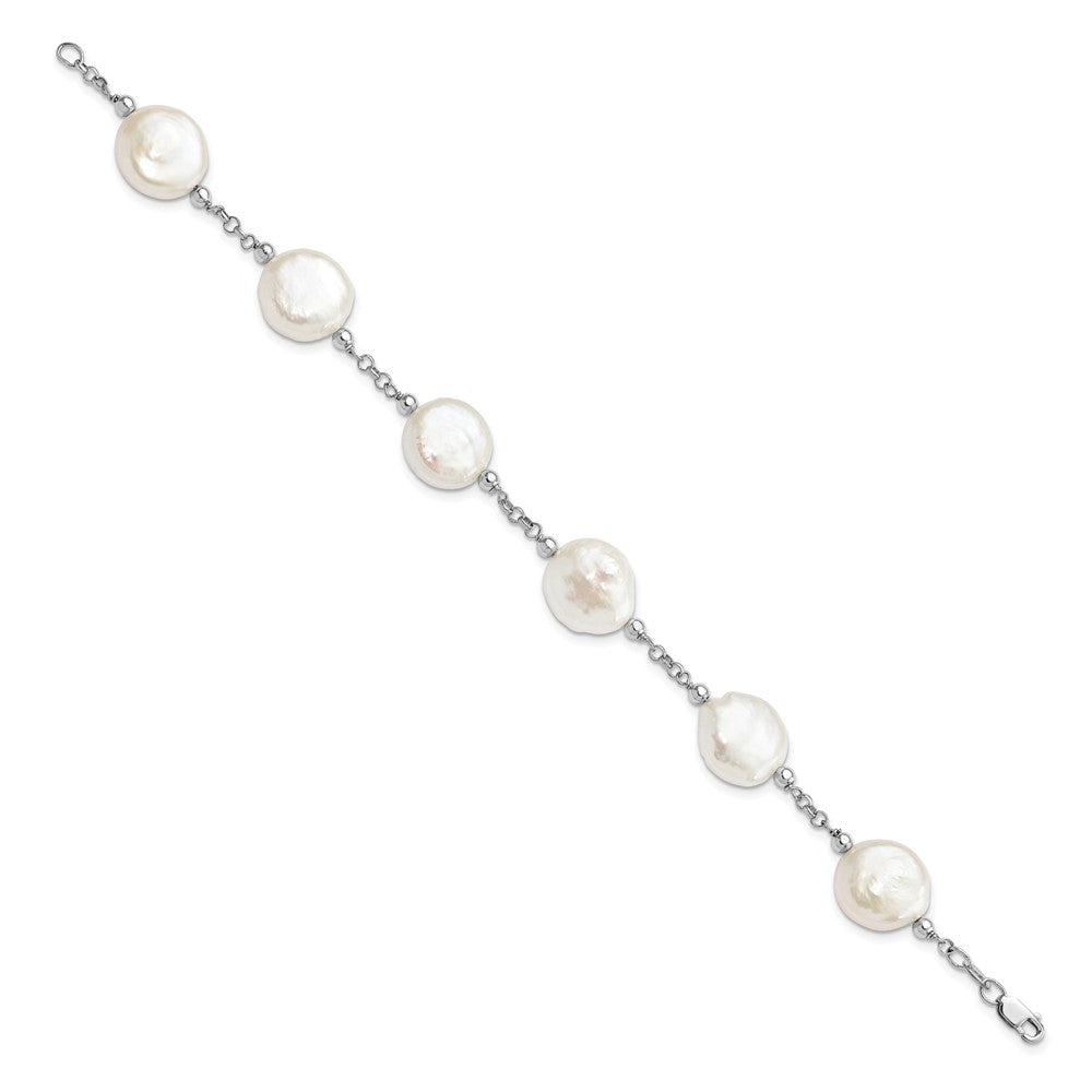 Sterling Silver Rhodium-plated 12-13mm White Coin Freshwater Cultured Pearl 6-Station 7.5 inch Bracelet 7.5 inches
