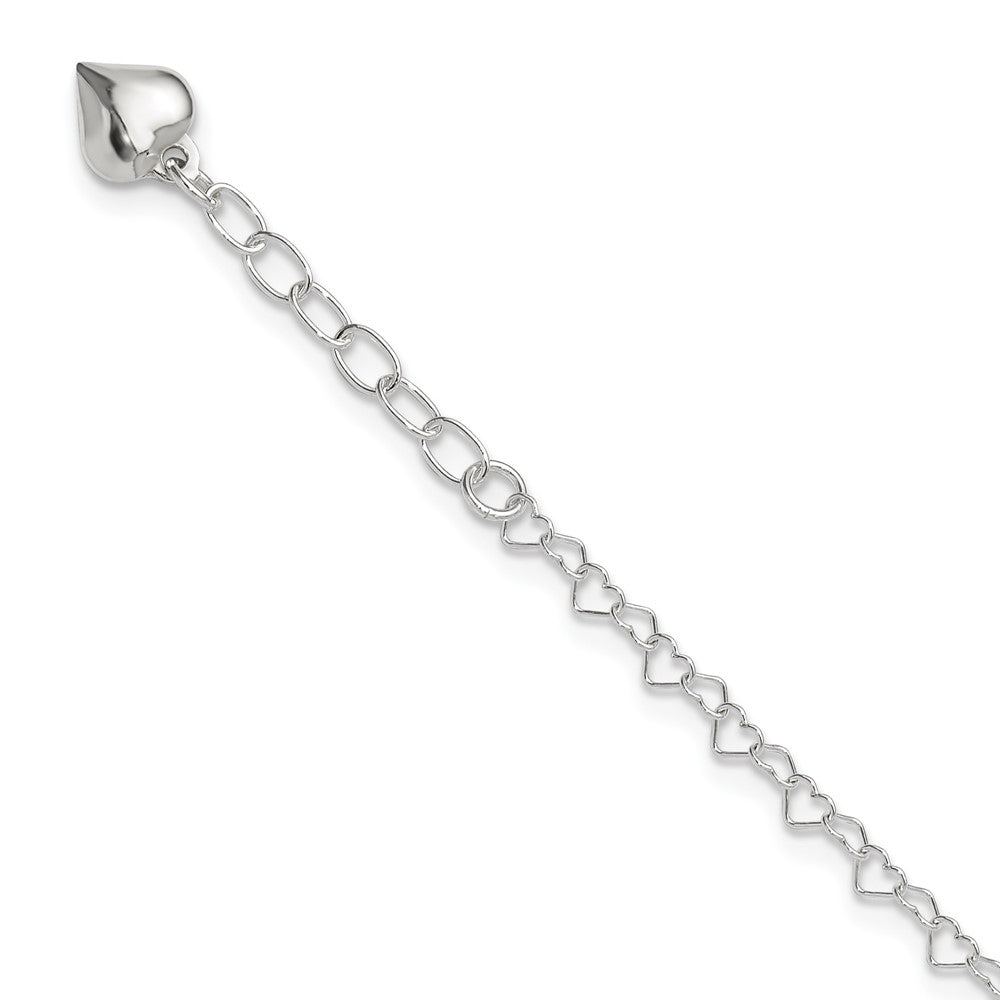 Sterling Silver Polished Puffed Heart 9in Plus 1in ext. Anklet 9 inches