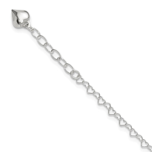 Sterling Silver Polished Puffed Heart 9in Plus 1in ext. Anklet 9 inches