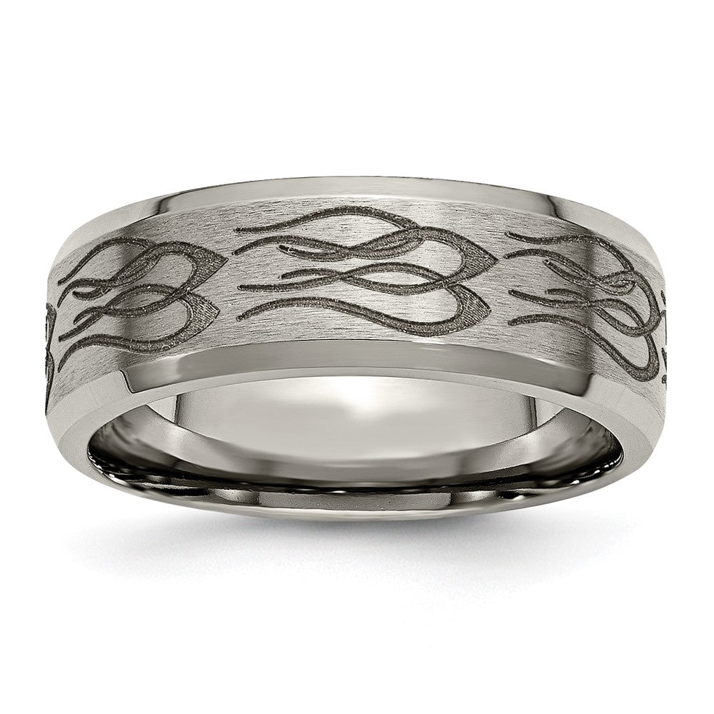 Titanium Brushed & Polished Flames Laser Design 8mm Beveled Edge Band Size - 7