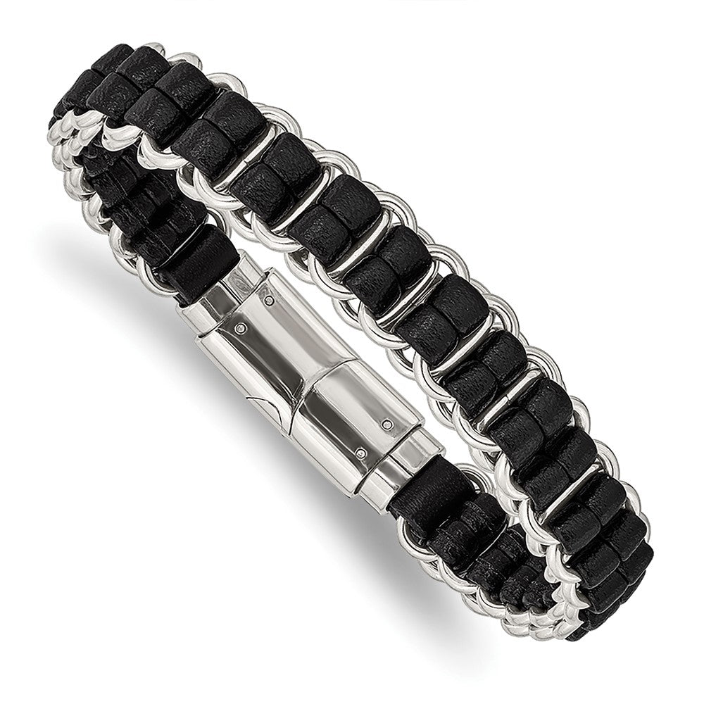 Stainless Steel Polished Black Leather 8.5in Bracelet 8.5 inches