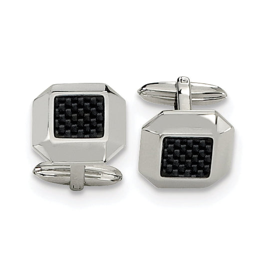 Stainless Steel Polished Black Carbon Fiber Inlay Cuff Links